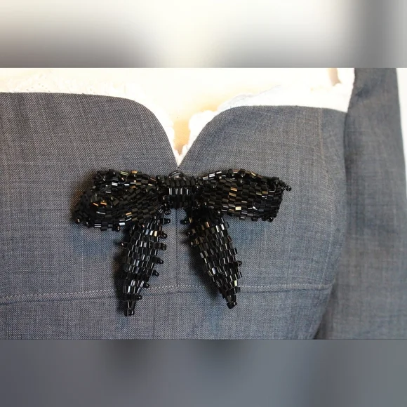 Shushu/Tong Grey Midi Dress NWT UK 10 / US 9–10 Lace Beaded Bow Satin Lined - Picture 4 of 13